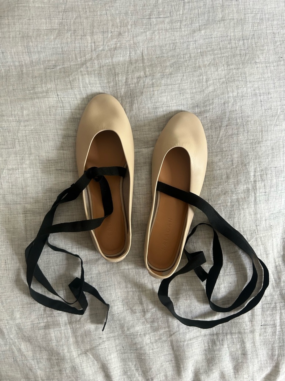 Neutral Cream Ballet Flats with Black Ribbon Tie